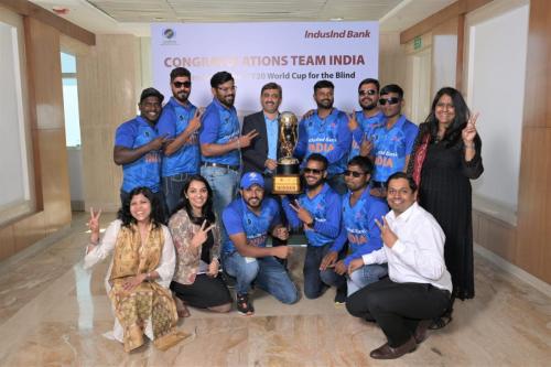 The Indian Blind Cricket Team has received felicitation from IndusInd Bank for their remarkable triumph in the third T20 Cricket World Cup for the Blind-3